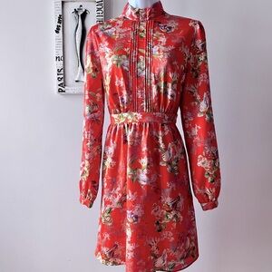 Forever 21 Orange Bird Floral Print High Neck Long Sleeve Cottagecore Dress Sz M